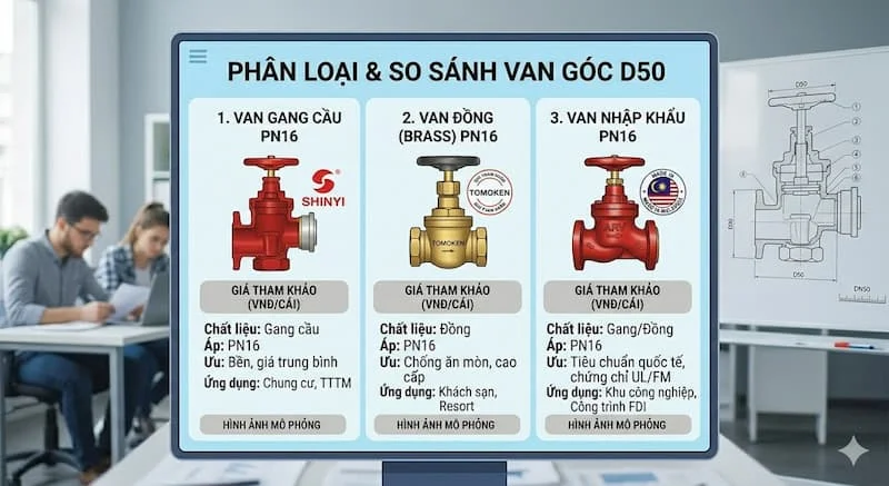 Phân loại van góc D50 phổ biến