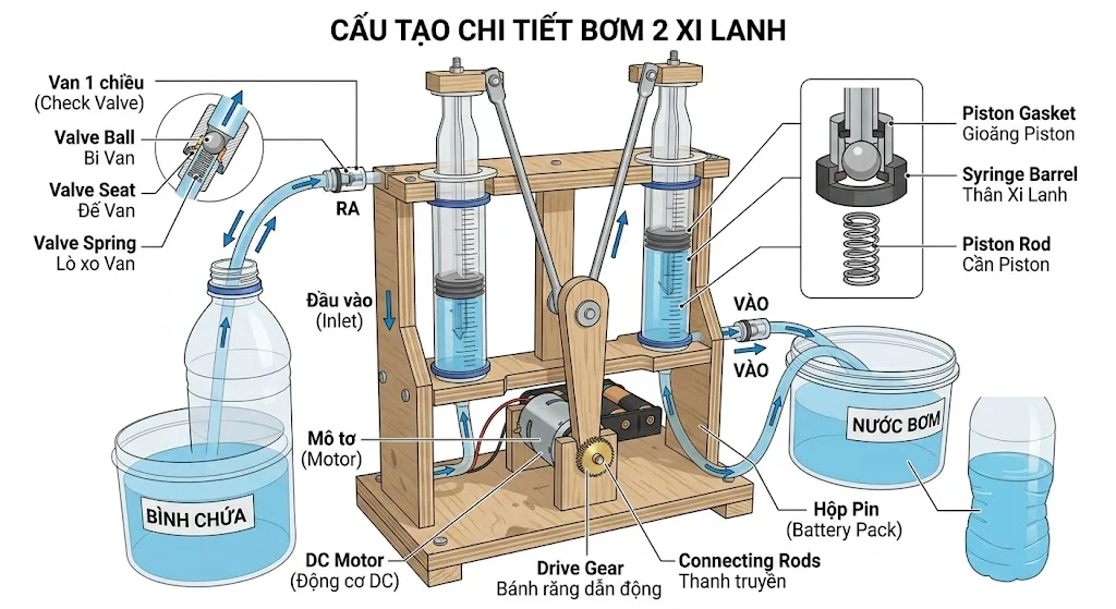 Cấu tạo của bơm hai xi lanh