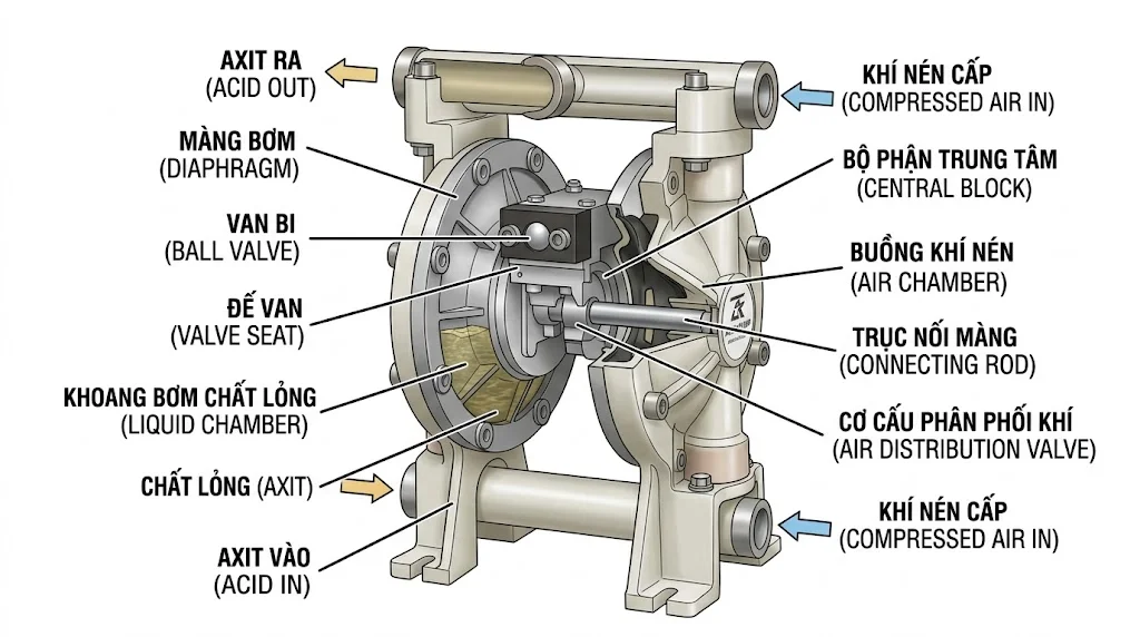 Cấu tạo và nguyên lý hoạt động của bơm màng axit