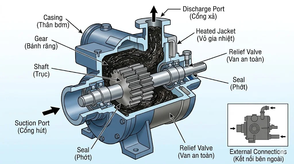 Cấu tạo và nguyên lý hoạt động của bơm rải nhựa đường