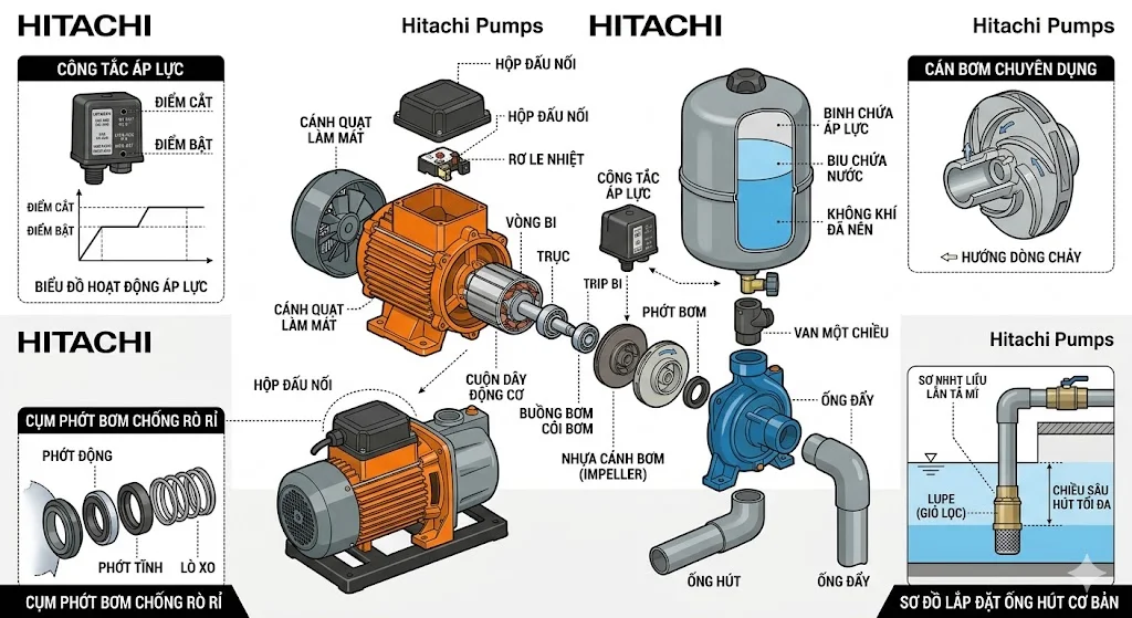 Cấu tạo và nguyên lý hoạt động của bơm Hitachi