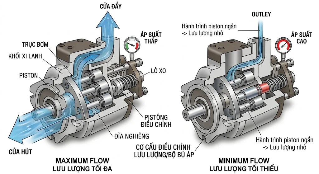 Khái niệm bơm piston điều chỉnh lưu lượng trong thực tế