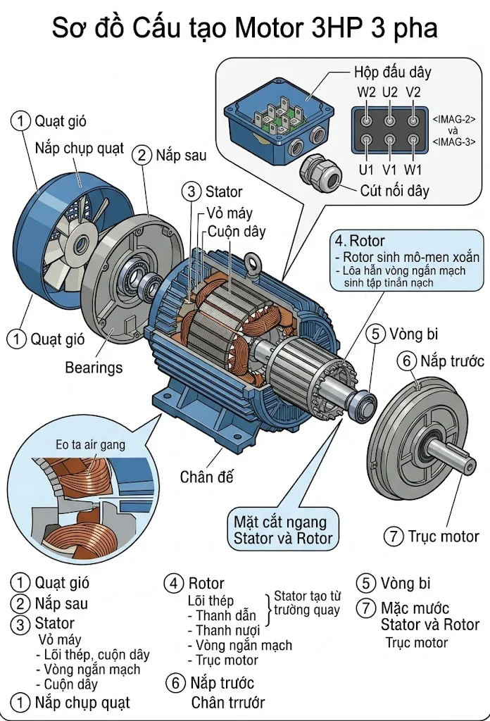 Cấu tạo của motor 3HP 3 pha