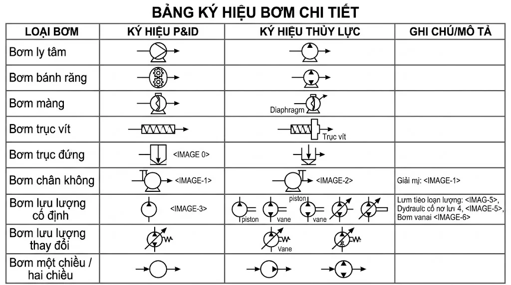 Phân loại kí hiệu bơm theo từng dòng