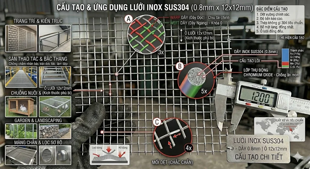 Ứng dụng thực tế của lưới inox 304 dây 0.8 12x12