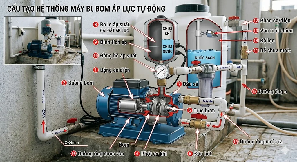 Cấu tạo và nguyên lý hoạt động của máy bơm áp tự động