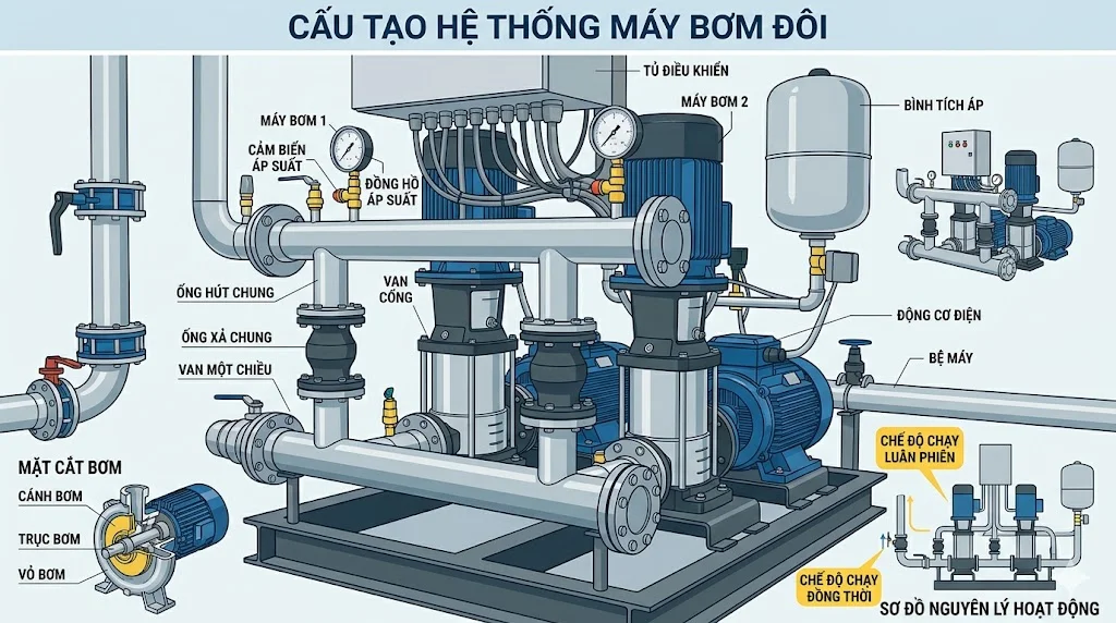 Cấu tạo của máy bơm nước đôi