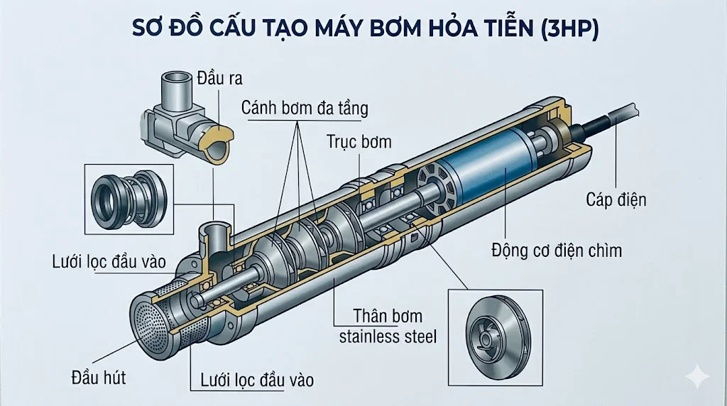 Cấu tạo và nguyên lý hoạt động của máy bơm hỏa tiễn 3 HP