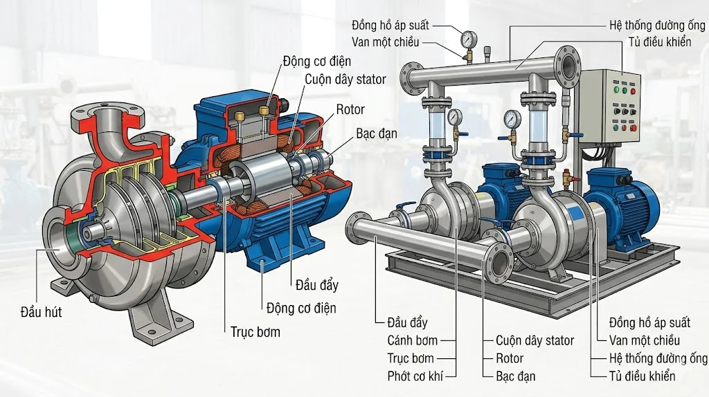 Cấu tạo của máy bơm nước kép