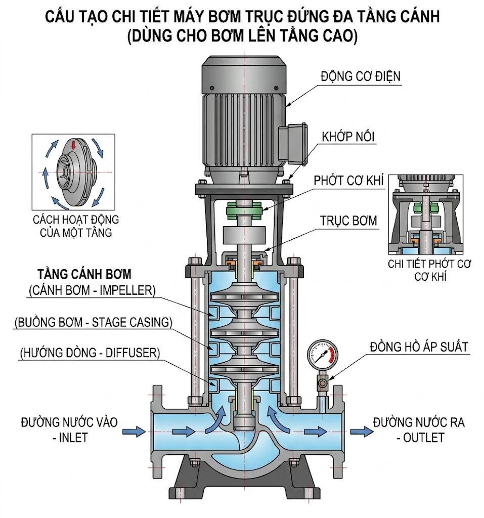 Cấu tạo và nguyên lý hoạt động của máy bơm lên cao