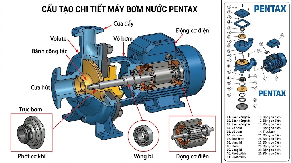 Cấu tạo và nguyên lý hoạt động của máy bơm Pentax