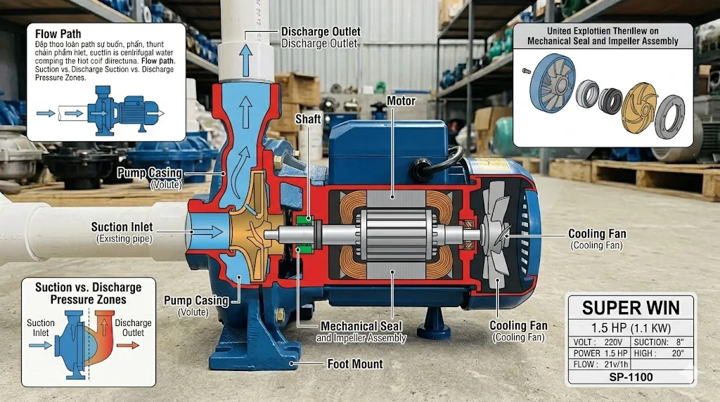 Cấu tạo và nguyên lý hoạt động của máy bơm nước Super Win 1.5 HP