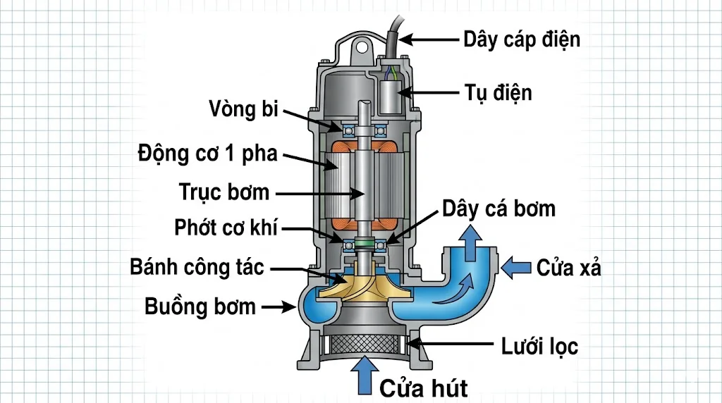 Cấu tạo chính của máy bơm tõm một pha