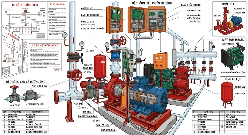 Các thành phần trong phòng bơm nước chữa cháy