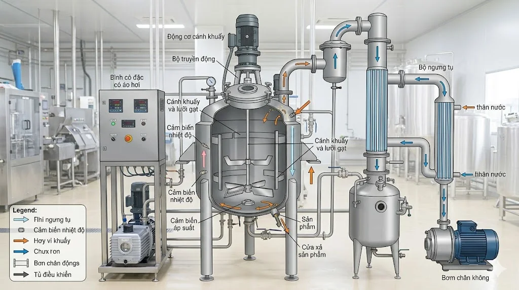 Cấu tạo của thiết bị cô đặc chân không có cánh khuấy