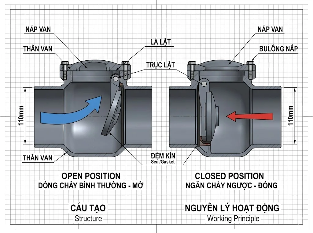 Cấu tạo và nguyên lý hoạt động của van 1 chiều DN 110