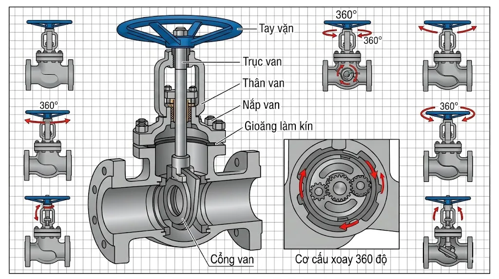 Cấu tạo của van 360 phổ biến