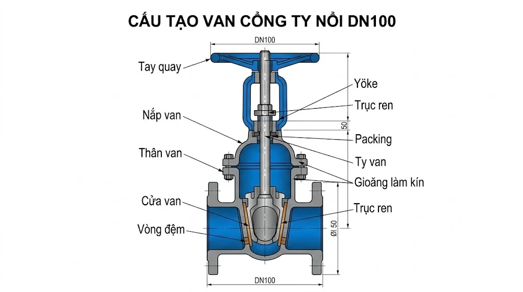 Cấu tạo của van cổng ty DN100