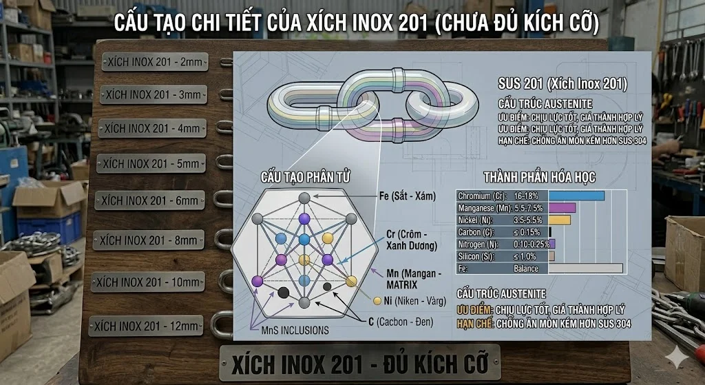 Các kích cỡ phổ biến của xích inox 201
