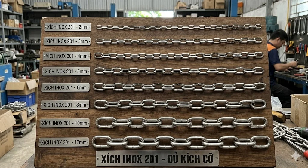 Xích inox đủ kích cỡ là gì
