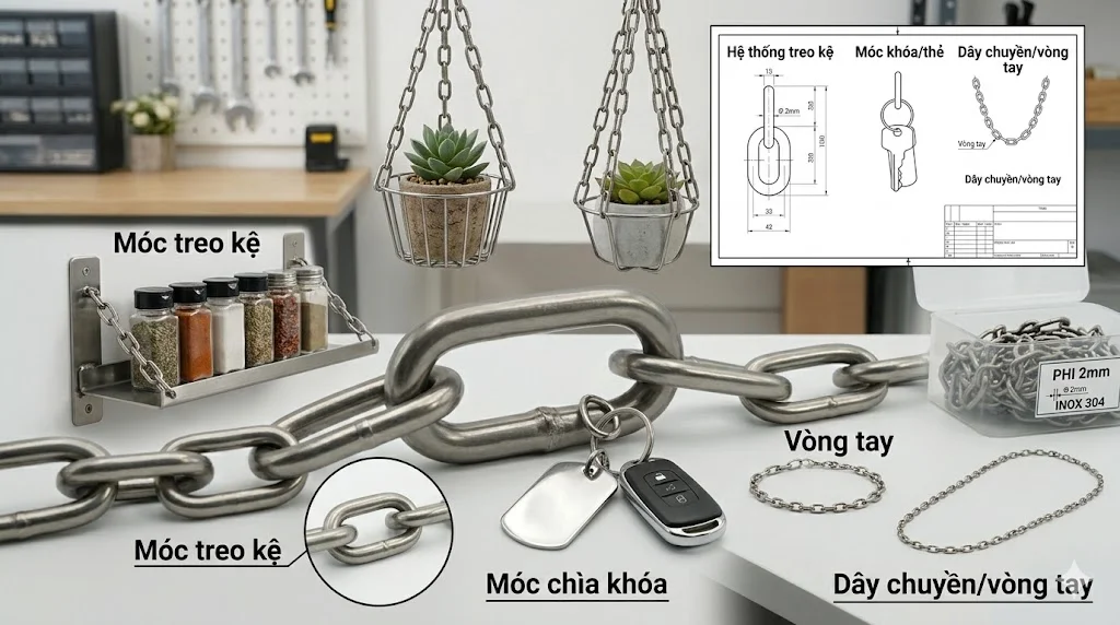 Ứng dụng thực tế của xích inox 304 phi 2