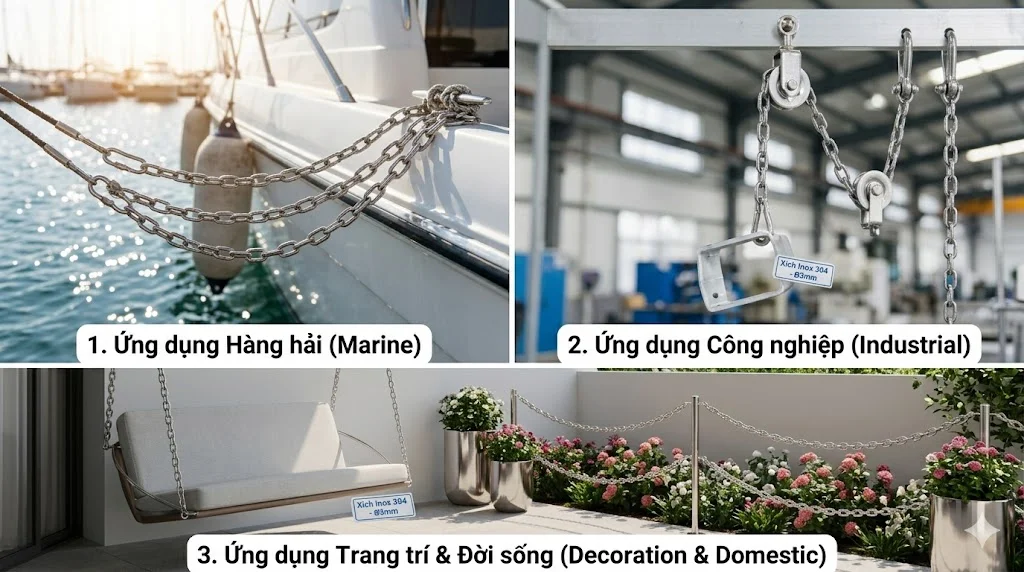 Ứng dụng thực tế của xích inox 304 Φ 3