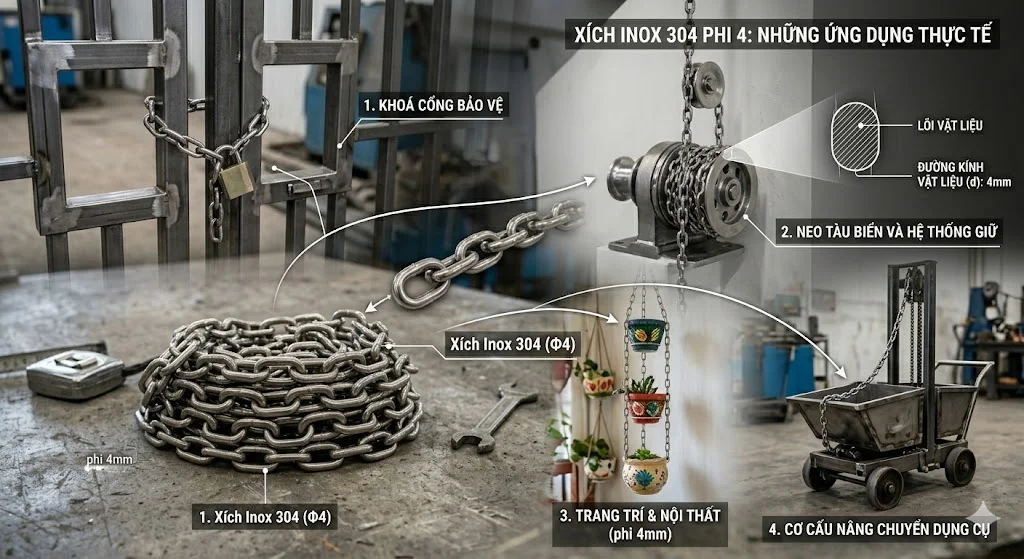 Ứng dụng thực tế của xích inox 304 Φ 4