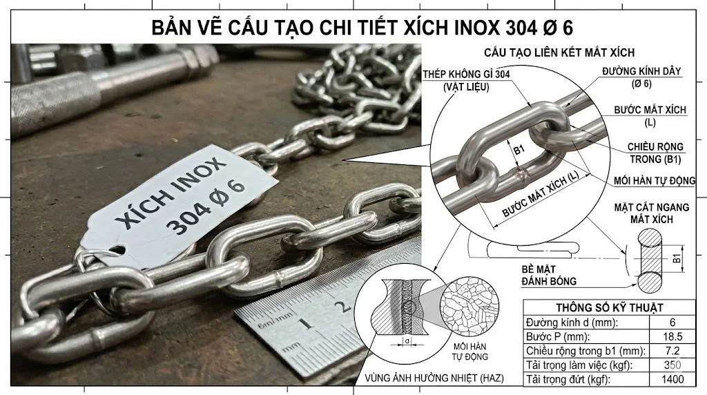 Đặc điểm nổi bật của xích inox 304 Φ 6