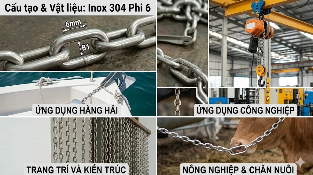 Ứng dụng thực tế của xích inox 304 Φ 6