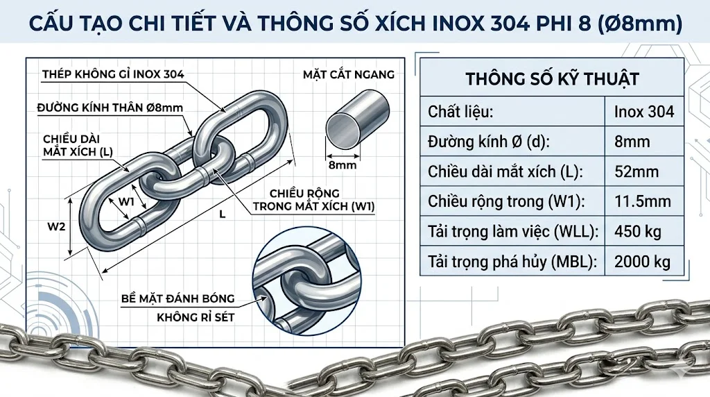 Đặc điểm nổi bật của xích inox 304 Φ 8