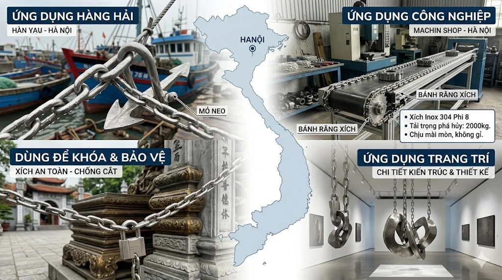 Ứng dụng thực tế của xích inox 304 Φ 8