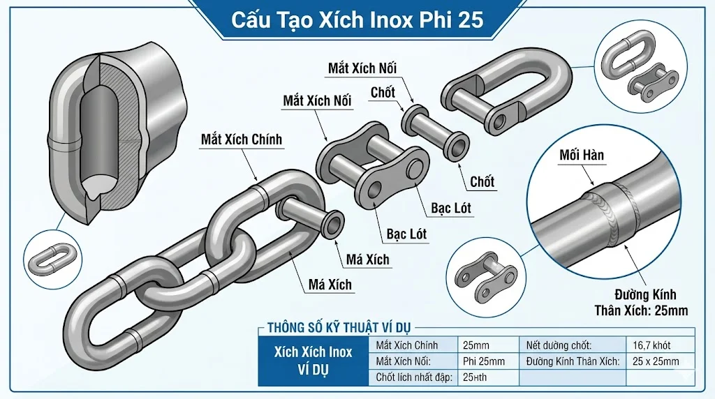 Đặc điểm nổi bật của xích inox Φ lớn 25