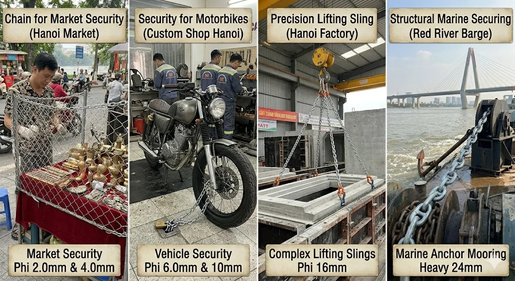 Ứng dụng của xích mạ theo từng kích thước