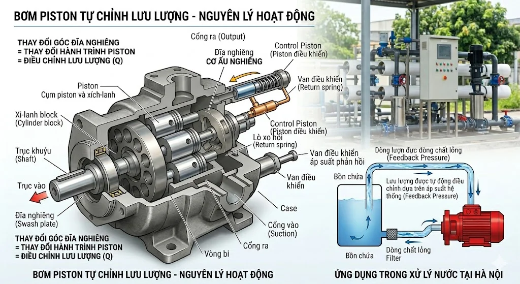 Bơm piston chỉnh lưu lượng và ứng dụng thực tế