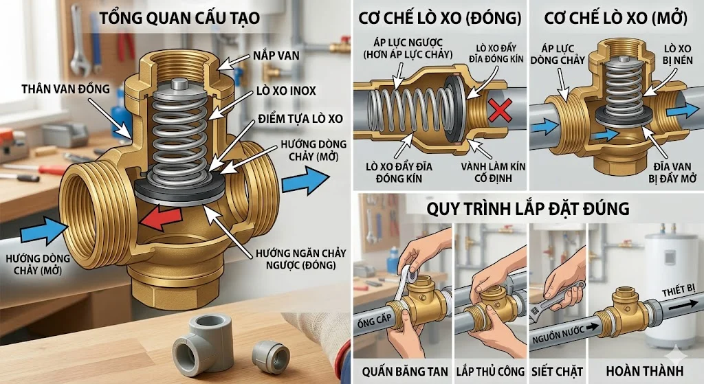 Cách lắp van 1 chiều lò xo và ứng dụng thực tế
