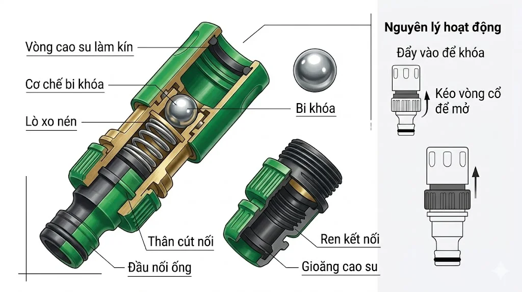 Cấu tạo và nguyên lý hoạt động của cút nối nhanh ống 