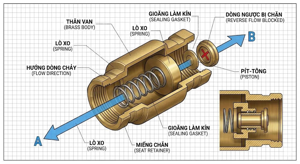 Van 1 chiều DN 20 và ứng dụng thực tế