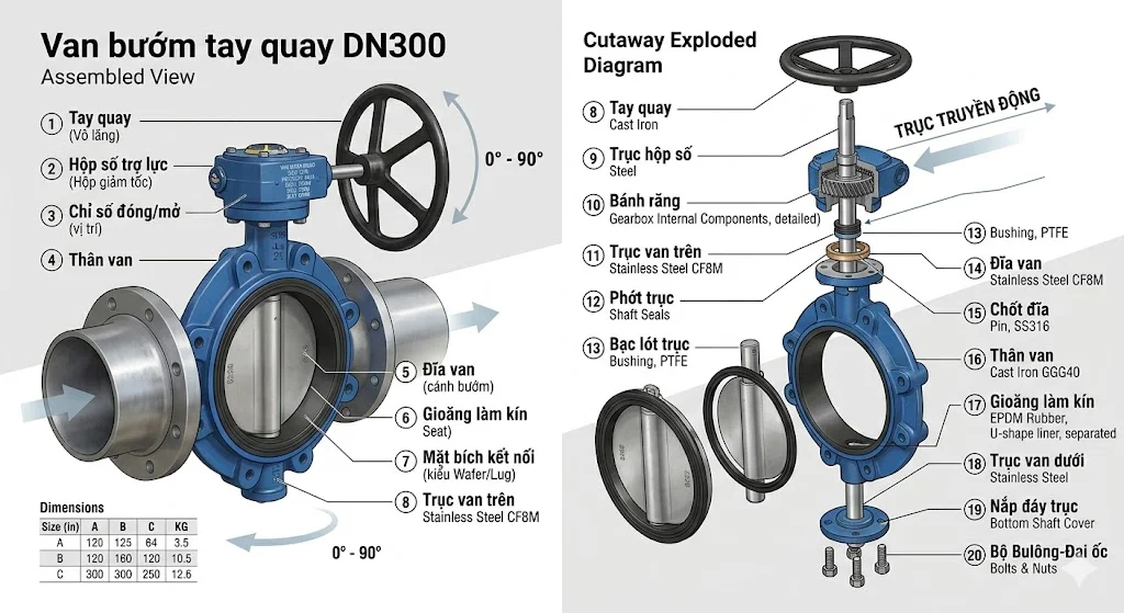 Cấu tạo và nguyên lý hoạt động của van bướm DN300