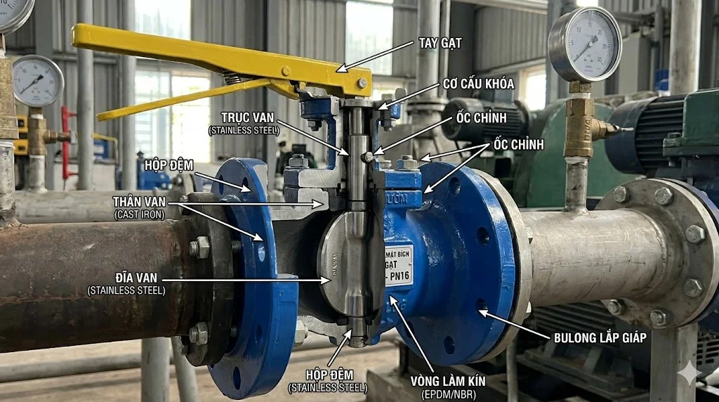 Cấu tạo van mặt bích tay gạt