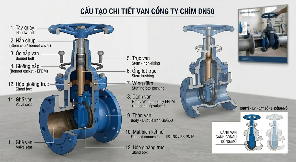 Cấu tạo và nguyên lý hoạt động của van cổng ty chìm DN 50