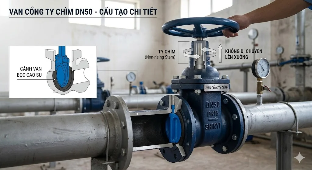 Khái niệm van cổng ty chìm DN 50 trong hệ thống đường ống