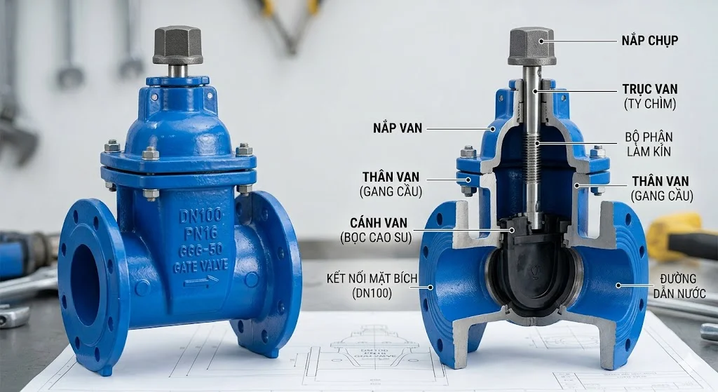 Cấu tạo van cổng ty chìm nắp chụp DN 100