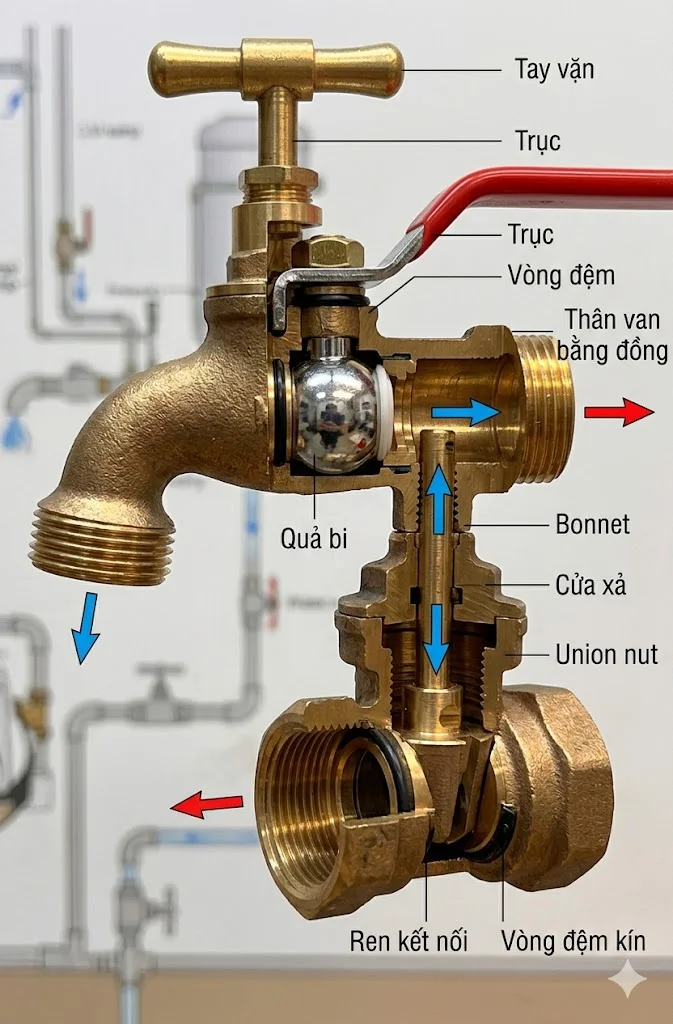 Cấu tạo van vòi bằng đồng